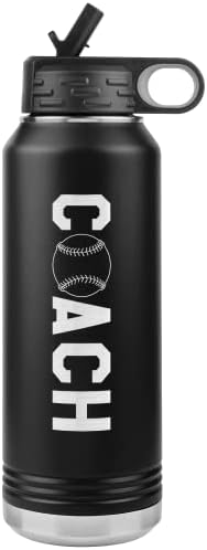 JFWCreations Baseball Treinador de água garrafa de água - 32 onças de aço inoxidável gravado
