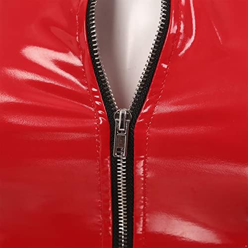 Yonghs Womens Shiny Metallic Liquid Wet Look Zipper Crop Tampo Tops para Rave Club Dance Clubwear