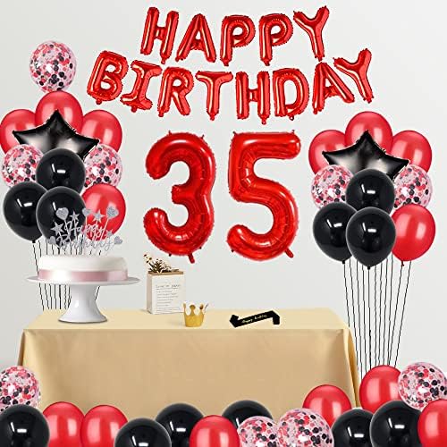 Fancypartyshop 35º aniversário decorações de festa suprimentos vermelhos pretos mais tarde balões de feliz aniversário bolo de tampo de faixa preto cortinas preto foil balloons número