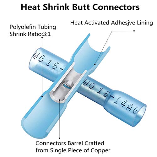 JHE 300pcs Azul Conectores de bumbum de encolhimento de calor azul, conectores de fio elétrico isolado à prova