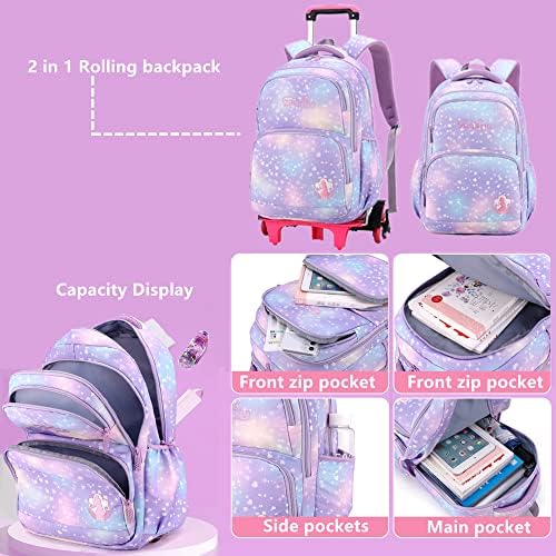 Lanshiya 3 PCs Dream Princess Wind Rolling Mackpack para meninas Bolsa de viagem com rodas Bolsa de escola rosa