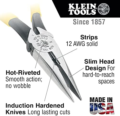 Ferramentas Klein D203-8 Alicates de nariz de agulha, cortadores laterais de nariz comprido, alicate de jacarés com alças estendidas, 8 polegadas