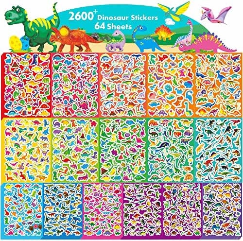 2600+ adesivos de incentivo, 64 folhas dinossauros adoráveis, mais de 600 desenhos de desenhos