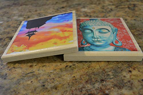 Coasters de belas artes, conjunto de 4, zen, montanha -russa de bebidas, madeira, buda, asiática,