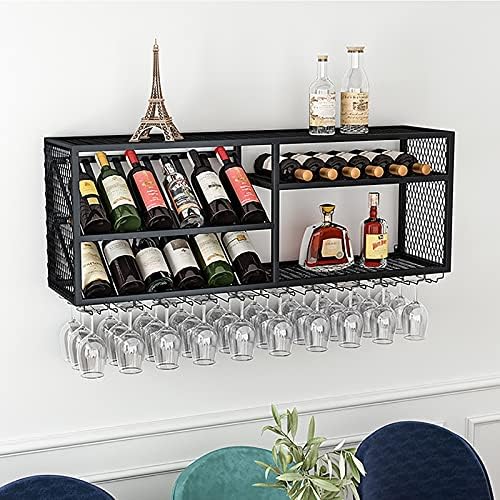 Rack de vinho montado na parede, rack de estilo industrial de ferro forjado, decoração de armário de vinho em