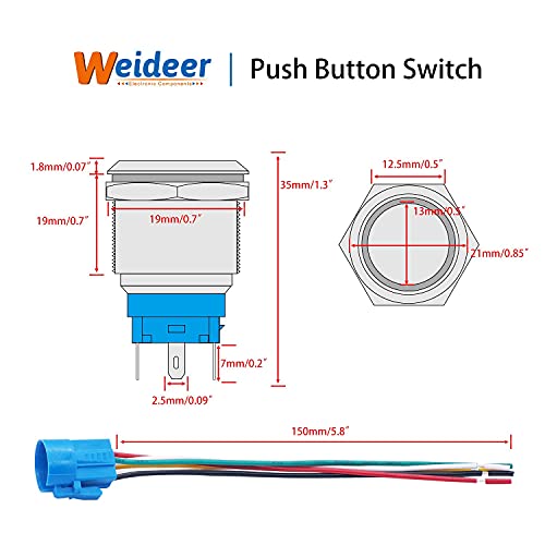 Weideer 19mm Butching Butching interruptor METAL 12V Anel azul LED de 5 pinos Spdt On/Off Butchet com plugue de