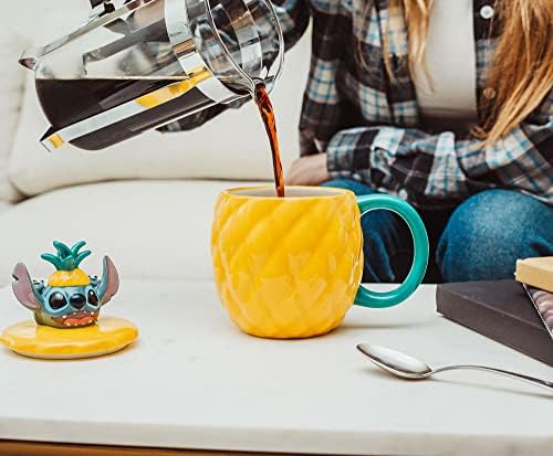 Disney Lilo & Stitch Pineapple 3D caneca de cerâmica esculpida com tampa | Xícara de café grande tropical