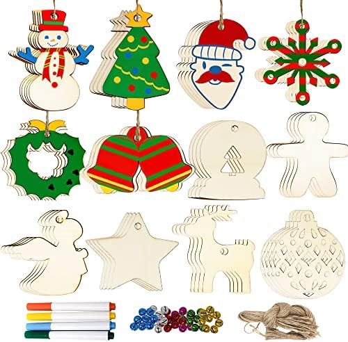 Joyin 48 PCs Ornamentos de madeira de Natal Kits de artesanato, fatia de madeira sem elefinada para ornamentos