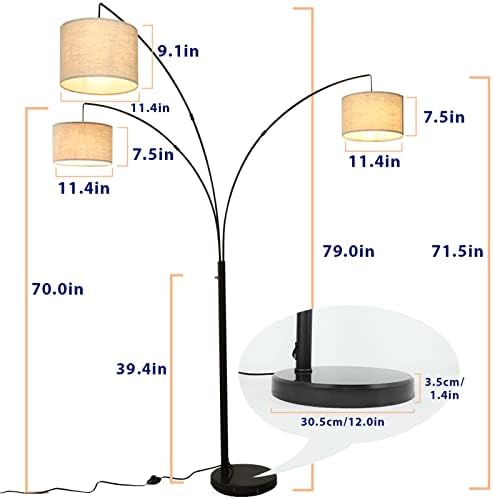 Lumbo de piso arco de 3 luzes DLT, lâmpada moderna de piso LED com abajurs pendurados, luminária
