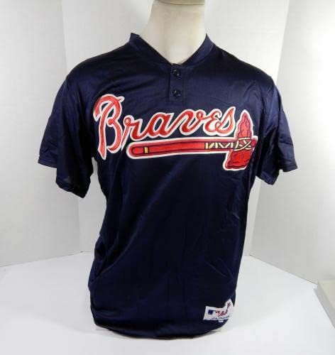 2002 Atlanta Braves Ned Yost 5 Jogo usou a camisa da marinha prática de rebatedores 48 9 - Jerseys MLB usada