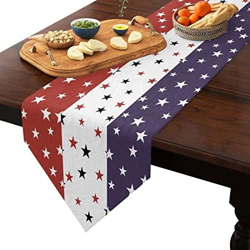 4 de julho, lençóis lençóis lençóis de mesa de linhas de linho, colegas de mesa patrióticos da bandeira americana Independência para o jantar de festas de férias, eventos memoriais, decoração de cozinha Red White Blue Stars 13x60in