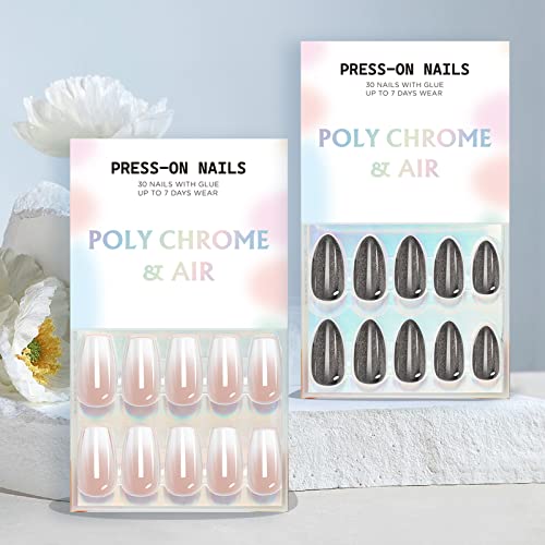 Pacotes PolyCrome & Air 2 Pressione em unhas- gradiente × glitter preto | Unhas de amêndoa e caixão