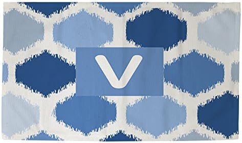 Filinas e tecelões manuais Dobby Bath Rug, 2 por 3 pés e monograma letra V, Blue Batik