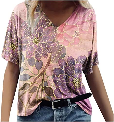 Tops florais para mulheres Manga curta Blusa da primavera de primavera 3D Summer V Neck Hawaiian Shirts Casual