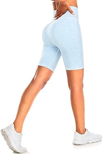 Shorts de treino feminino - shorts de bicicleta de cintura alta para mulheres com nervuras com estrias sem costura