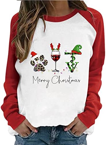 Camisas de Natal para Mulheres, Feliz Feliz Natal Vinho Glass de Papai Noel Hat de Matalha Longa de Manga Longa Molus de Camises Tops