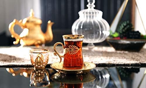 Lamodahome Turkish Arabic Tea Copes Conjunto de 6 com porta -ouro, mırrars e pires - Fancy Vintage