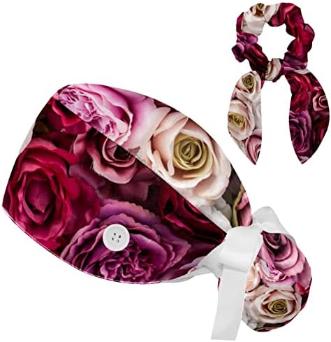 Rose Floral Spring Bouffant Cap com Buttern Ponytail Pouch, Casto de algodão Faixa de moletom, tampas cirúrgicas