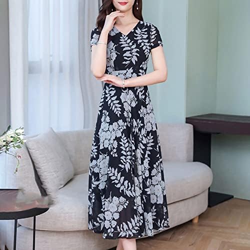Vestido de verão adhowbew para mulheres impressão floral de manga curta casual Um vestido de linha bonito o pescoço