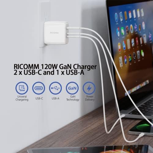 Ricomm 120W USB C GAN Carregador, Kit de adaptador Fast Charger GaN 2 USB C + 1 USB A WALL CHARGER com plugue