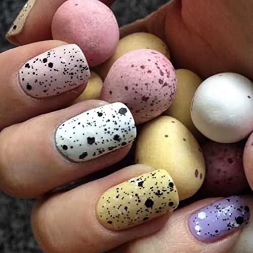 Páscoa prenda em unhas quadradas curtas pregos falsos cores manchas de ovos de páscoa unhas unhas