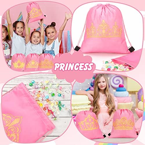 FUNTERIA 16 PCS Princesa Party Favor Bags Princesa Bolsas de presente Princesa Party Sacos de cordão Pink Crown