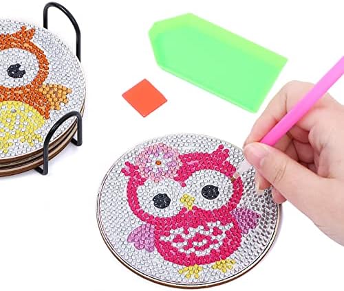 Pigpigboss 6 PCs Owl Diamond Painting Coaster Kit com Holder colorido Owl Diamond Painting Coaster