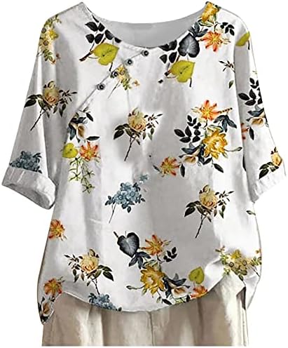 Top camiseta para feminino 1/2 manga de manga botão de pescoço para cima do gráfico floral solto ajuste descontraído