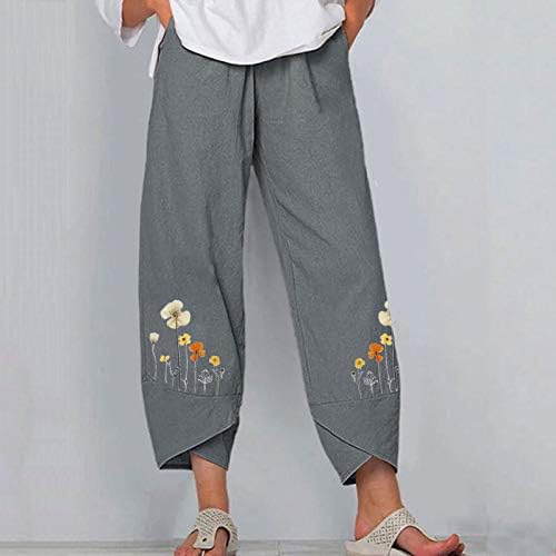 Calça casual calça casual calça linho bordado gráfico floral de ajuste solto flow sino inferior cintura elástica