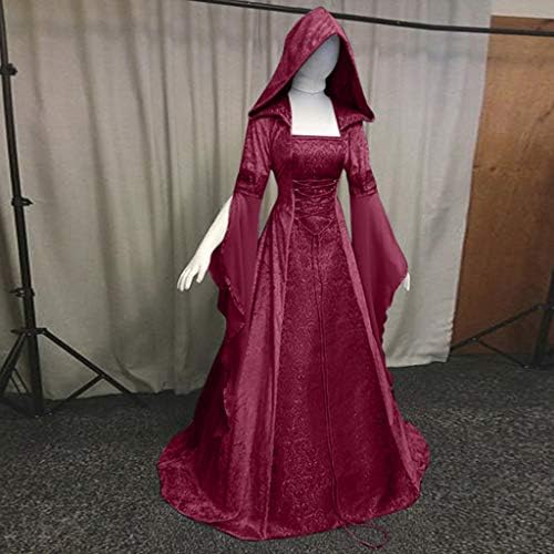 Vestido medieval de zefotim, vestido de bruxa vintage para mulheres com capuz de manga trompa de