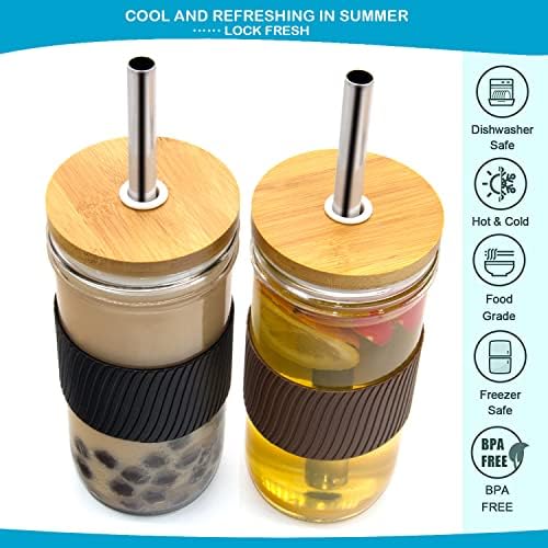 Markkeer 2 pacote de xícara boba reutilizável, xícara de vidro com tampa e palha de bambu herméticos,
