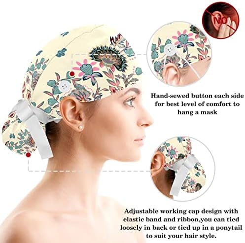 Flores retrô ajustáveis ​​e borboletas chapéu bufante com botões Scrub Hat Scrub