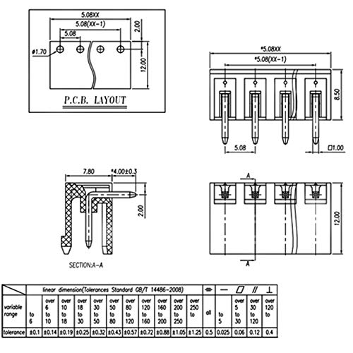 Willwin 10 Conjunto 5,08 mm Ângulo reto de 10 pinos PCB conectores de bloco de terminal traqueados