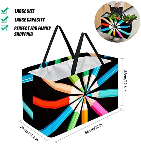 Bolsas de supermercado reutilizáveis, padrão de lápis colorido, bolsa de compras leves de reciclagem