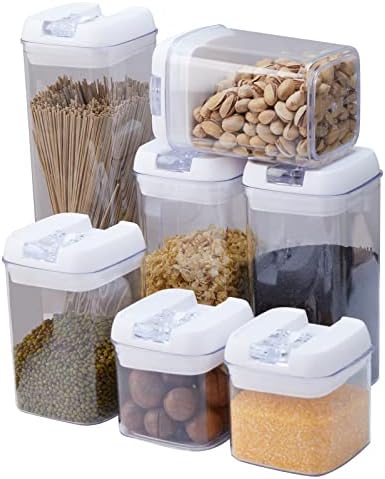 Contêineres de armazenamento de alimentos de obsoorth, conjunto de 7 bPa BPA Packable Pantry Pantry Penpry Cereal Dispenser com tampas para a organização de grãos de açúcar de farinha de cozinha, preto