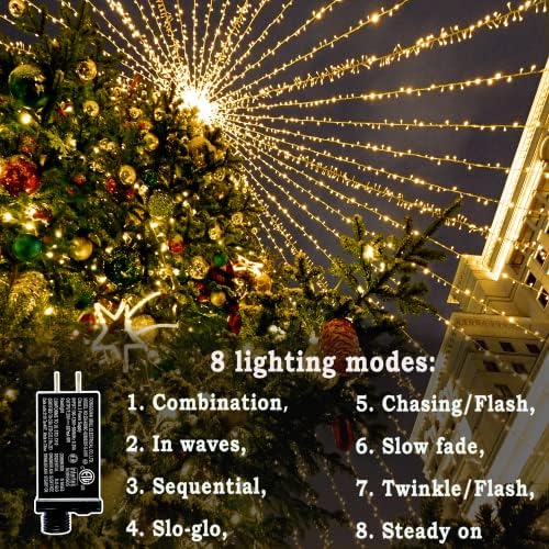 Luzes de Natal ao ar livre Kno300 LED 99ft String Lights 8 Modos & Memory Fairy Light Plug