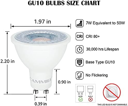 Lâmpadas LED de LED de Cammile GU10, equivalente a halogênio de 50W, não adquirível, luz natural da luz do dia 5000k, substituição da lâmpada LED para trilha e iluminação embutida, lâmpada AC120V 7W 630LM, pacote de 6