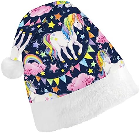 Aquarela Unicorn engraçado chapéu de Natal Papai Noel Hats Plush curto com punhos brancos para suprimentos