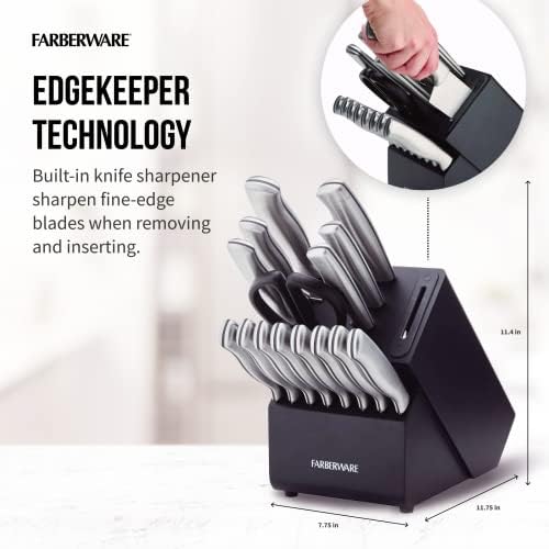 Farberware Edgekeeper 16 peças Aço inoxidável Block Set com apontador de faca embutido, facas de cozinha de aço de aço com alto teor de carbono, conjunto de faca nítido, preto