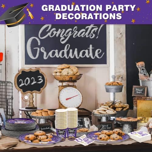Placas de papel de graduação e guardanapos de 200pcs 2023 servem 50, Purple and Black Parabéns