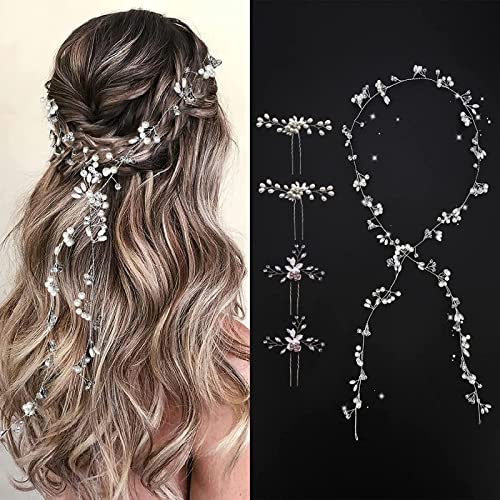 Pinos de cabelo de casamento para noivas, miçangas de cristal de 39,4 polegadas Videira de cabelo