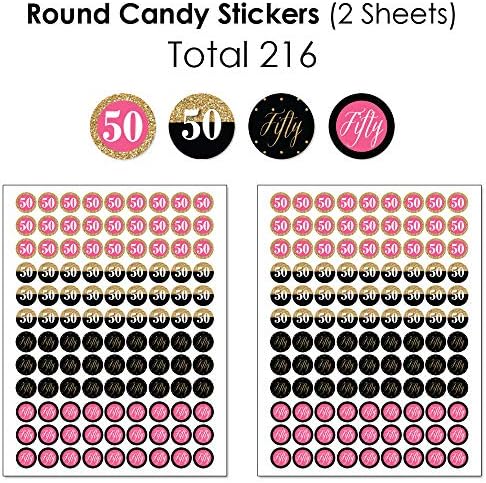 Aniversário de 50 anos chique - rosa, preto e dourado - mini invólucros de barra de chocolate, adesivos de doces