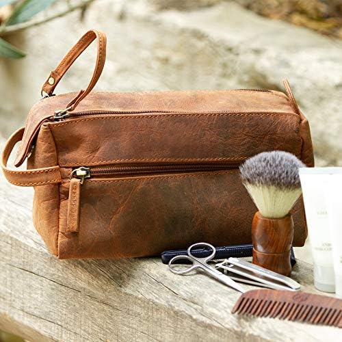 Bolsa de higiene pessoal de couro de búfalo da cidade rústica: Kit de barbear e dopp de viagem vintage: