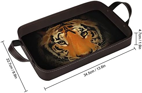 Cabeça de tigre em retângulo escuro Premium couro bandeja de manobrista de jóias femininas key de serviço decorativo com alças 13,6 ”x8.9”