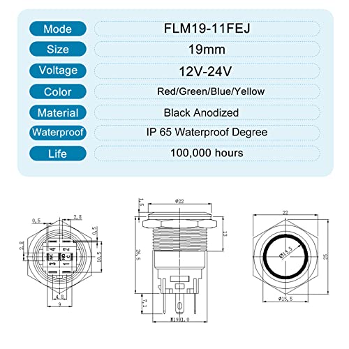 FILN 2PCS 19mm Push Buttern trave 12v 24V DC On-off, com cabeça de símbolo de LED, para 0,76 orifício