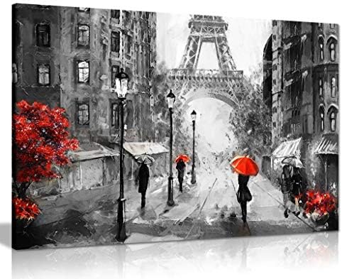 Pintura a óleo vermelha preta Branca Paris Eiffel Tower Street View Canvas Wall Art Picture Print