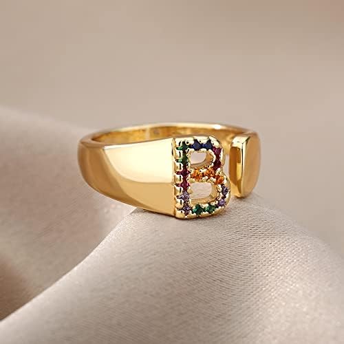 T3Store Rainbow Zircon grossa de letra ampla a-z anéis para mulheres de ouro