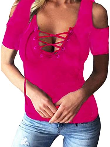 Andongnywell Women Sexy Off the ombro Lace acima de manga curta T-shirt V Blush de pescoço Túnicas de camiseta frontal