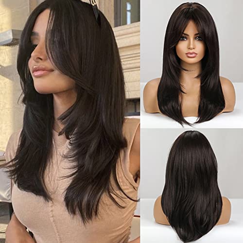 Wavelnm peruca marrom escura para mulheres perucas longas em camadas com franja marrom escuro em camadas