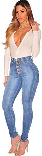 Calça jeans feminina de Andongnywell com cintura alta e nádegas calças de jeans fit slim com botão